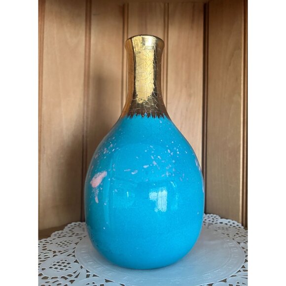 Vintage Unique Turquoise & Gold Crackle Ceramic Vase Pink Drip Accents Flower - Picture 3 of 8